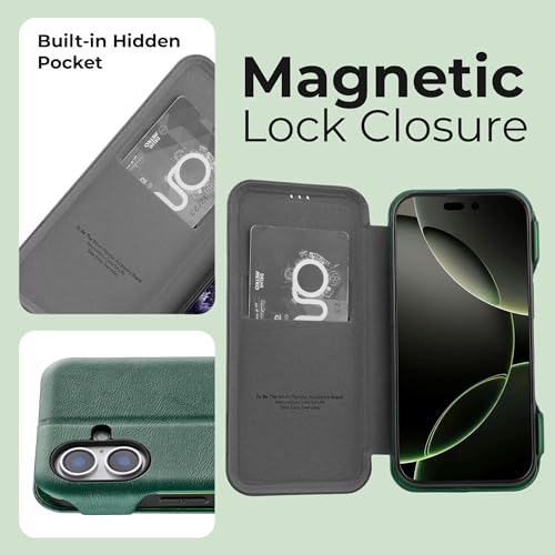 Image of PULOKA - Sleek Flip Case- Compatible for iPhone 16 Plus- Premium Vegan Leather Phone Cover with Card Slot - Slim, Durable, Privacy Protection - Kickstand Function - Elegant Flip Wallet Cases- (Green)