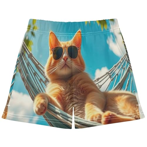 Girls Shorts Cute Orange Cat Sunshine Animal Print Athletic Summer Pajama Shorts Comfy Activewear Kids Teens, X-Small