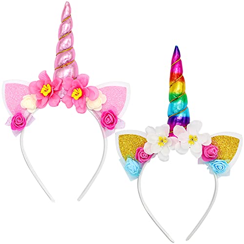 Uooker Lot de 2 bandeaux à cheveux arc-en-ciel avec motif de licorne et de fleurs et paillettes, accessoires pour photos, accessoire pour fête Tiktok Cover