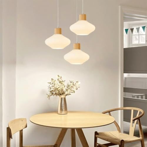Lámpara colgante de cristal de leche con cúpula de madera y cable ajustable E27 2