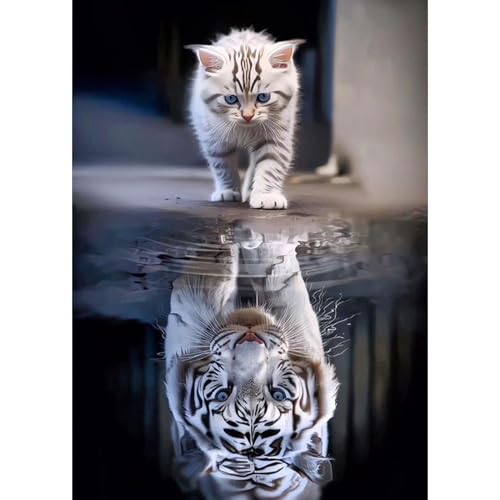 TOSTOG Chat et tigre Diamond Painting Kit Adulte, Diamant Painting Images Ronde Diamond Peinture, Reflet d'un chat 5D DIY Cristal Débutant Art Set pour Décoration Murale Maison 30x40cm