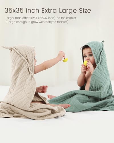 Image of Hooded Baby Towels for Newborn, 35x35 Inch 3 Pack 100% Muslin Cotton Baby Bath Towel, Soft Baby Beach Towels with Hood for Infants, Toddlers and Kids, Essentials Must Haves