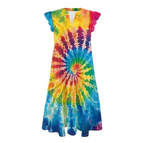 Image of Women's Casual Ruffle Sleeve Dress V Neck Pullover Dress Flowy A-Line Pleated Lightweight Dress with Pockets