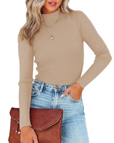 Image of Lacozy Women's Mock Neck Long Sleeve Tops Dressy Casual Fitted Ribbed Basic T Shirts