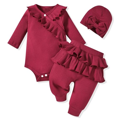 Image of fioukiay Preemie Newborn Baby Girl Clothes Infant Girl Solid Ribbed Outfits Ruffle Romper and Pants 3PC Clothing Sets