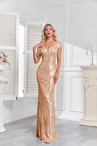 Image of XUIBOL Womens Sequined Short Sleeves Long Formal Dress with V-Neck for Evening Event Nightout Club Gown Paillette Champagne M