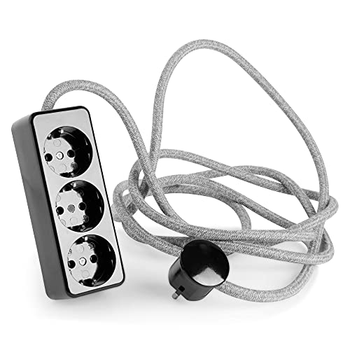 3-Fach Steckdosenleiste aus Duroplast (Bakelit-Optik) schwarz, mit 5 Meter Textilkabel Zuleitung, Grau-Melange