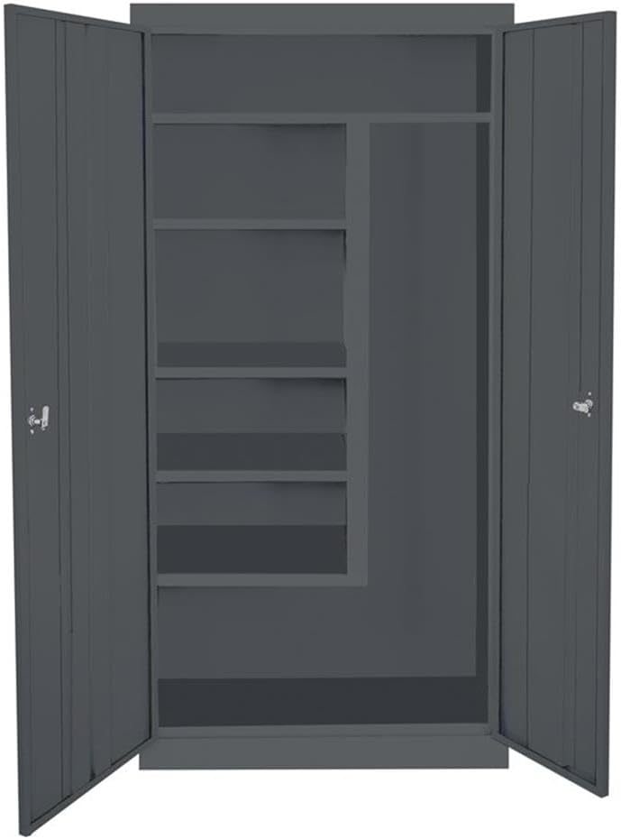 Pemberly Row Modern Industrial Metal Office Janitorial Cabinet, Charcoal Powder Coat Finish, 72 x 30 x 18 in, 3 Adjustable Shelves, Locking Doors, Floor Standing Storage Cabinet for Cleaning Supplies