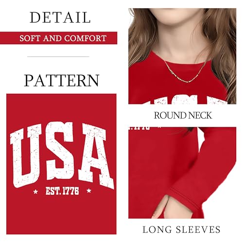 Image of Ithalt 4th of July Outfit Kids Girls American T Shirt USA T-Shirt Fourth of July Tops Patriotic Long Sleeve Tops