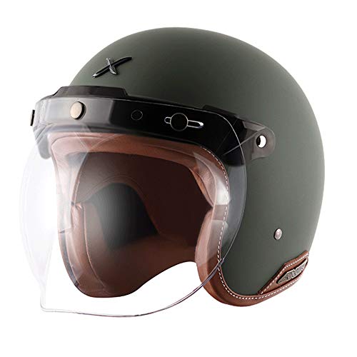 Image of Axor Retro Jet Leather ISI Dot Certified Lightweight Open Face Helmet for Men and Women with Clear Bubble Visor Dull Battle Green(L)