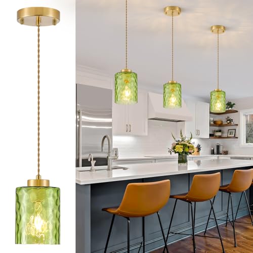Image of MWZ Gold Pendant Lights Kitchen Island 3 Pack, Modern Hanging Kitchen Pendant Lighting Over Sink with Green Hammered Glass Shade,Small Chandeliers Fixtures Adjustable Cord Hanging Lighting