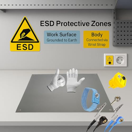 Minadax 60 x 40cm GRAU Antistatik ESD Computer Matte Tischmatte „Premiumqualität“ inkl. Manschette + 2,4m Verlängerung + ESD Erdungs-Stecker + Handschuh