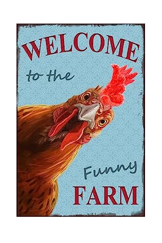 Funny Chicken Sign, Metal Chicken Coop Tin Signs, Welcome to the funny farm, Yard Sign Garage Farm Garden Wall Decor Sign Plaque Outdoor for Home Fence 8 X 12 Inches
