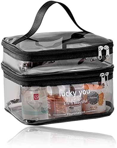 Clear Toiletry Bag, Double Layer Makeup Travel Bag with Zippers, Waterproof Travel Collapsible Large Cosmetic Bags Organizer, Portable Carry Pouch for Women Men Bathroom (Black)