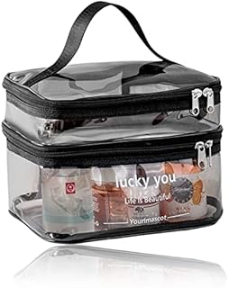 Clear Toiletry Bag, Double Layer Makeup Travel Bag with Zippers, Waterproof Travel Collapsible Large Cosmetic Bags Organizer, Portable Carry Pouch for Women Men Bathroom (Black)