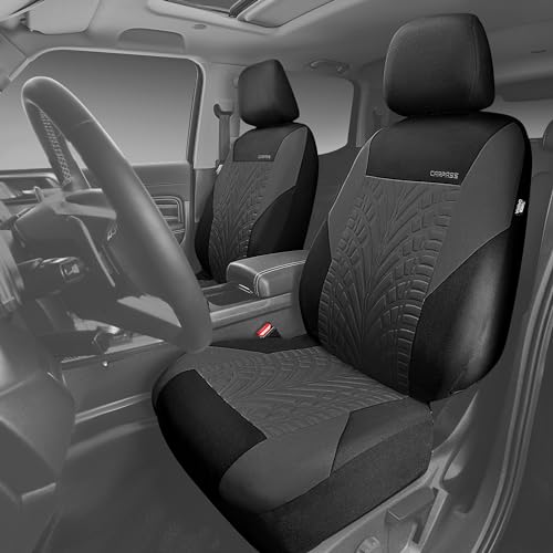 Image of CAR PASS Emboss Tyre Front Seat Covers, Universal Fit Elastic Breath Premium Cloth seat Covers Front Seats only for Truck SUV Sedan, Airbag Compatible, Charcoal on Black