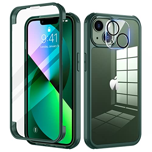 seacosmo Funda Papa iPhone 13-6.1'' con Protector Pantalla Cristal Templado HD, Protector de Cámara Vidrio Templado 9H, Anti- Arañazos Antigolpes 360° Carcasa Transparente Papa iPhone 13 -Verde Borde