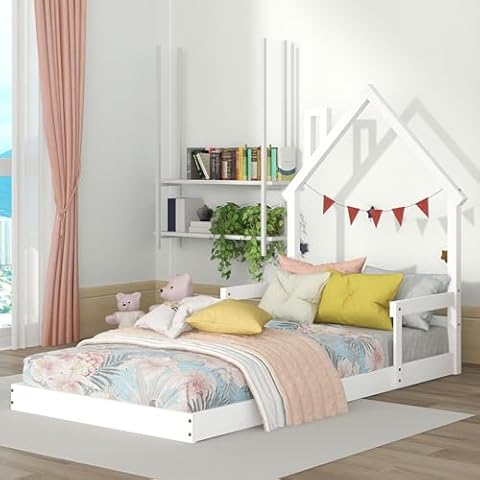 Bellemave Twin Size House-Shaped Headboard Floor Bed for Kids,Montessori Floor Bed with Handrails and Slats,Wood House Bed Twin for Girls,Boys(Twin,White) Cover