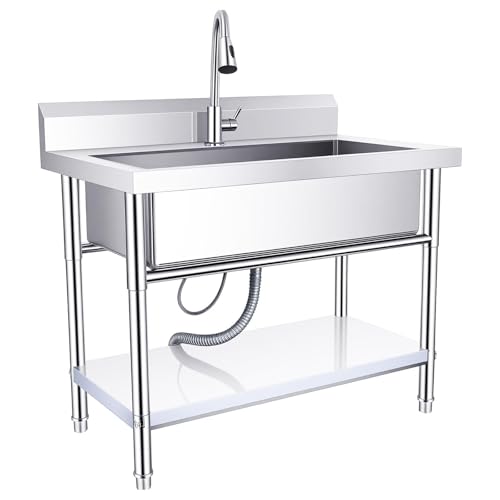 40-Inch Stainless Steel Utility Sink, Commercial Stand Alone Unit with Pull-Out Faucet, 23