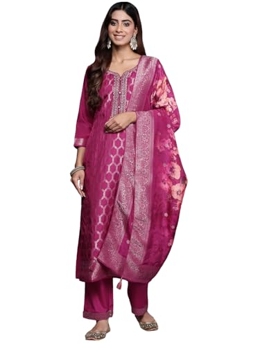 Image of Libas Women's Woven Design Silk Blend Straight Kurta With Palazzos & Dupatta