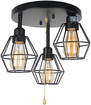Baiwaiz Industrial Pull Chain Ceiling Light Fixture, Black Metal Cage Semi Flush Mount Lighting with Pull String Modern Steampunk Entryway Kitchen Light 3 Lights Edison E26 BW17154