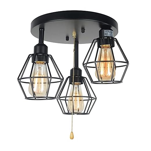 Baiwaiz Industrial Pull Chain Ceiling Light Fixture, Black Metal Cage Semi Flush Mount Lighting with Pull String Modern Steampunk Entryway Kitchen Light 3 Lights Edison E26 BW17154