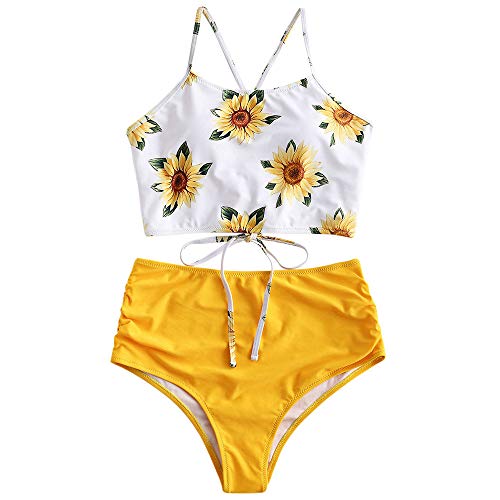ZAFUL Womens Criss-Cross Lace Up Tankini Set Ruched Floral Leaf Print Spaghetti Straps Tankini Swimsuits Bright Yellow