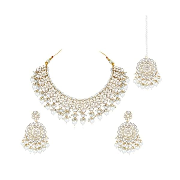 Peora Silver Plated Kundan & Beads Studded Choker Necklace Dangle Earrings & Maangtikka Set Ethnic Jewellery for Women & Girls