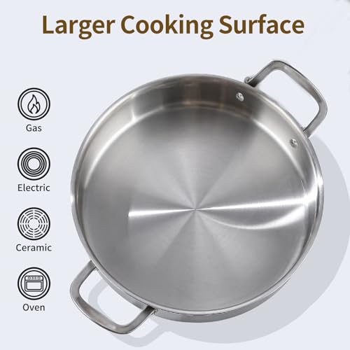 DELARLO Tri-Ply Stainless Steel 8 Quart Braiser Pan with Lid Induction Rondeau Pot With Lid 12inch Deep Frying Pan Large Saute Pan Heavy Duty Style Compatible With All Cooktops Up to 650℉ - Image 5
