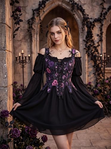 Image of Scarlet Darkness Corset Tops for Women Floral Renaissance Bustier Bodice | Ideal for Halloween, Ren Faire, Theme Party; Overbust, Adjustable Straps, Lace Up, Irregular Hem, Zip Closure, Hand Wash