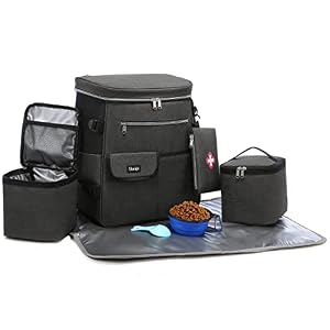 Sucipi Dog Travel Bag Dog Backpack Organizer with 1 Collapsible Dog Bowl and 2 Travel Dog Food Container Pet Travel Bag Weekend Dog Travel Backpack for Hiking Overnight Camping Travel