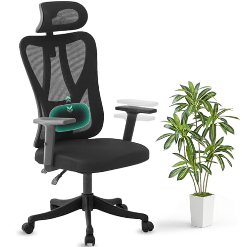 MotionGrey MC3 Ergonomic Office Chair | Reclining Mesh Back with Adjustable Lumbar Support, Detachable Headrest for Low-Back Option, 2D Armrests, Computer Chair for Adults | Home Office & Gaming–Black