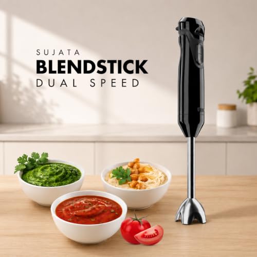 Image of Sujata Blendstick Hand Blender | 600W Powerful Motor | Dual Speed Control | Stainless Steel Immersion Blender | 18000 RPM | Detachable Stick | Ergonomic Design | Black