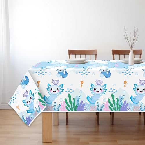BkeeCten Axolotl Plastic Party Tablecovers - 3-Pack Blue Cartoon Axolotl Table Cover Decorations Disposable Waterproof Rectangle Plastic Tablecloths Rectangle Kids Birthday Baby Shower Camping Events