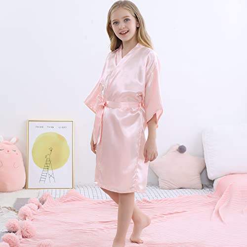 Morforu Gold Glittering Flower Girl Silky Satin Kimono Robe Solid Color Kids Robes For Wedding Spa Party, Short (Pink, Tag 8) #TOP3