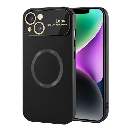 Image of Vaku Luxos Premium Polarized Leather Back Cover for iPhone 14 Texture Full Lens Protection Silicon Case Scratch Resistant Slim Thin Compatible with Mag-Safe - Black