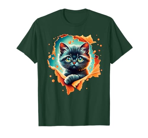Photo de Chat noir mignon regardant à travers le tissu chaton gris pour filles T-Shirt