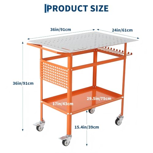 Image of 36x24in Welding Table 800LBS Mobile Workbench with 4 Wheels & Fixed Base | Movable Steel Work Bench with Side Pegboard, Hooks, Storage Tray, for Garage Workshop, Welding, Assembly and Repair