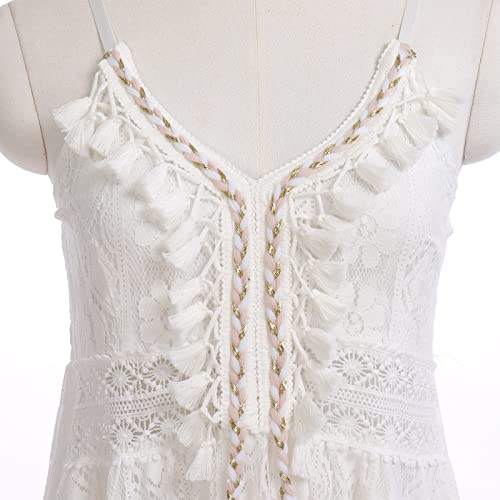 Boho Dress For Women, Women's Casual Summer Lace Up Tassel Cutout Boho Dress V Neck High Waist Long Beach Dresses A-Line Fringed Flowy Maxi Dress For Women Beach Vacation White03 M #TOP4