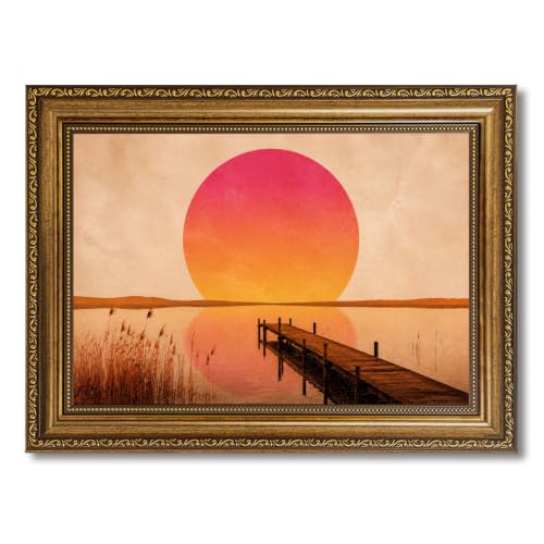 Sunset Lake Pier Wall Art, Framed Canvas Print for Living Room Decor