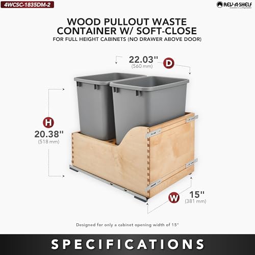 Image of Rev-A-Shelf Pullout Trash Cans for Kitchen Cabinet, Dual 35 Qt Bins with 15 inch Wood Frame - Large Garbage Bin Containers for Home Waste Storage and Recycling