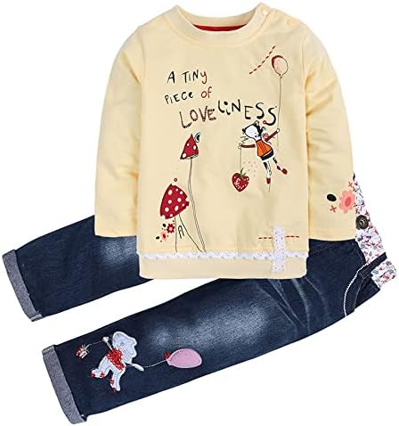 LUKYCILD Toddler Girl Clothes Baby Girl Long Sleeve Top + Jeans Pants with Pockets 2 Piece Outfit Cartoon Clothing Set - Image 2