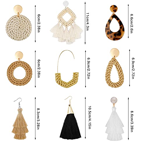 Hazms 9 Pairs Rattan Earrings Tassel Earrings For Women Girls Lightweight Acrylic Geometric Statement Woven Bohemian Earrings Handmade Straw Wicker Braid Hoop Drop Dangle Earrings #TOP1
