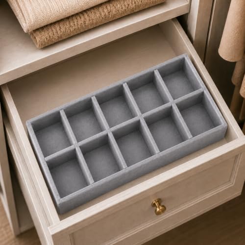 Image of 10 Slot Tie Organizer Tray for Ties and Accessories, Grey | Closet drawer storage tray with dividers for ties, socks, handkerchiefs, belts, watches and small accessories arranged neatly