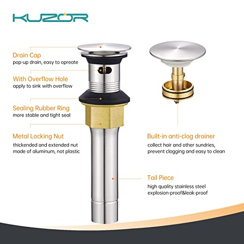 Kuzor 2 Pcs Bathroom Sink Drain Assembly Pop Up Drain With Overflow Stainless Steel Brushed Nickel For Vessel Vanity With Detachable Built-In Anti-Clogging Strainer #TOP6