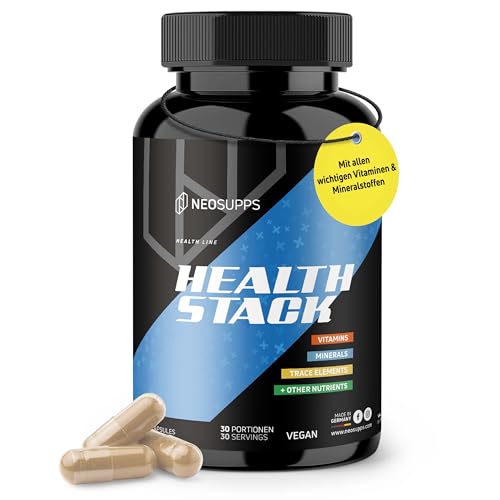 Neosupps Health Stack 180 Kapseln, Hochdosiertes All-in-One Nahrungsergänzungsmittel mit Vitaminen, Mineralstoffen & Spurenelementen, Mit Q10, OPC, Cholin & Lutein, geprüfte Qualität, Made in Germany