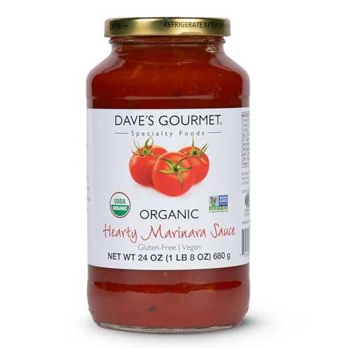 Dave's Gourmet Organic Hearty Marinara Pasta Sauce - Thick & Savory Tomato Garlic Blend - Marinara Sauce - Ideal for Pasta, Pizza, Sausage & More - Vegan & Gluten Free - 24oz Jar (Pack of 1)