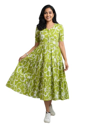 Women’s Floral Printed Rayon Midi Kurti | Puff Sleeve A-Line Dress | Casual Wear Summer Midi Kurta
