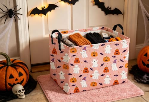 Image of Rectangle Kids Baskets Hallowee Basket Pink Storage Bin Fish Box for Room Decor Gift Basket(Pink ghost)