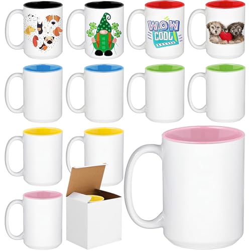 12 Stück Sublimationstassen, 450 ml Tassen Sublimation Rohlinge, Weiß DIY Keramik Sublimation-Stassen für Drucken, Geschenke machen, Malerei
